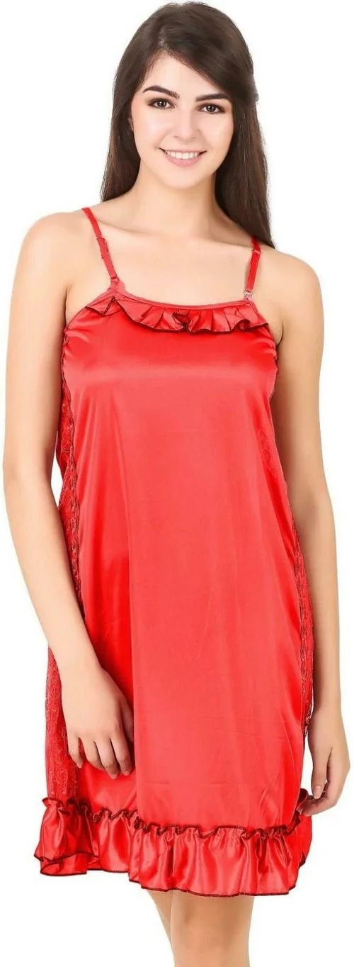 CALENDULA Women Red Solid Lace Nighty (Small)