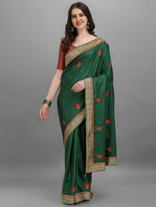 Tereza Women Dark Green Embroidered Art Silk Saree