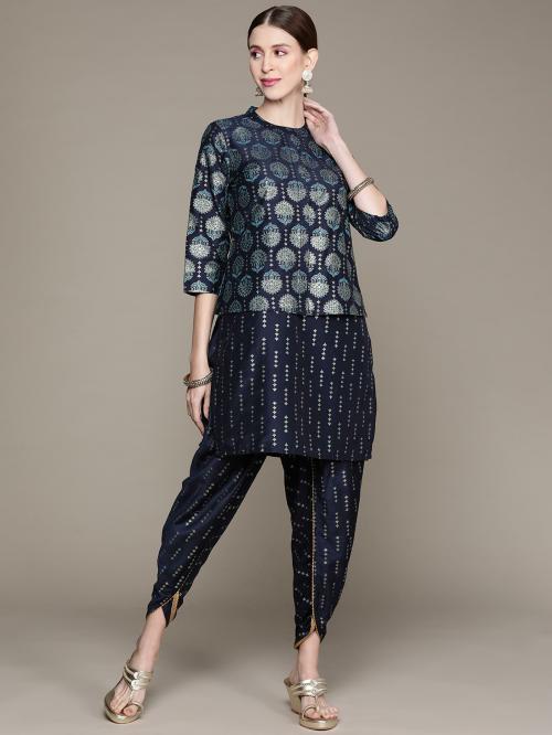 Ziyaa Women Dark Blue Floral Kurta Dhoti Set