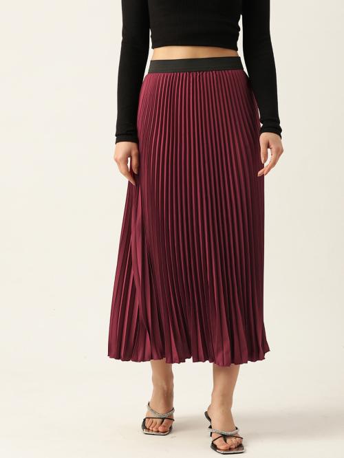 Wisstler Women Maroon Color Accordian Pleat Maxi Flared Skirt