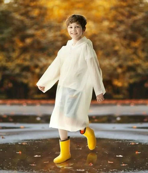 INFISPACE Kid's Reusable EVA Rain Poncho Raincoat| Rain Jackets Long with HoodEva Boys White D Color Raincoat pack of 1
