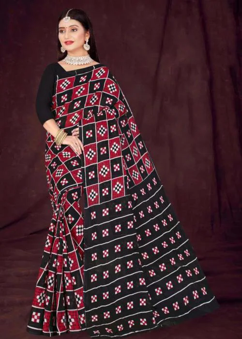 Buy Ethnic Odisha Handloom Women Black Printed Pure Cotton Daily Wear Saree Online at Best