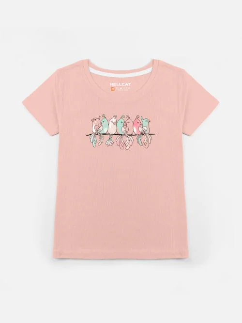 HELLCAT Peach Shiny Printed Round Neck Short Sleeve Tshirts / Tops for Girls.