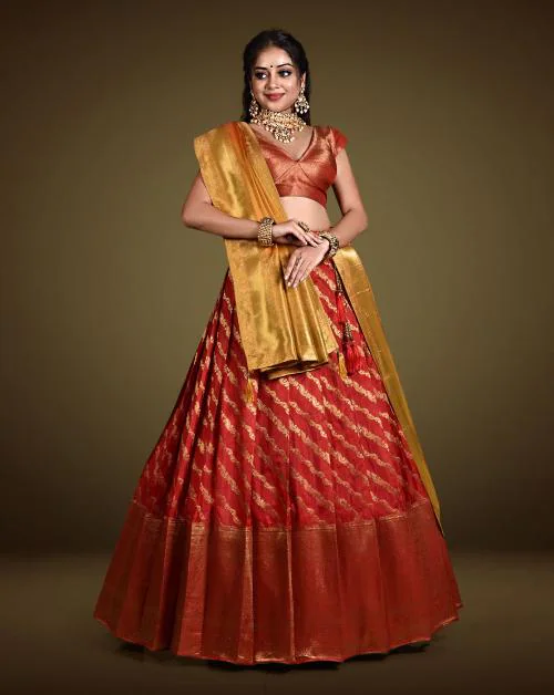 HALFSAREE STUDIO Red Banarasi Silk Zari Weaving Pattu Half Saree