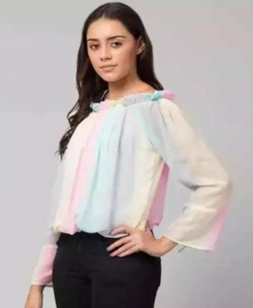 SK Textiles Crepe Balloon Sleeves Off Shoulder Rainbow Colour Top Tunics-M,Tops-74