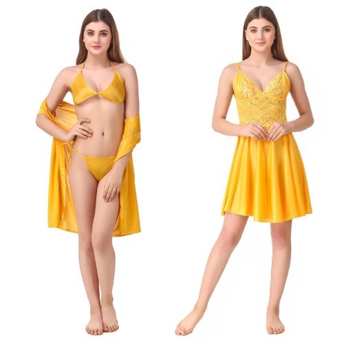 Romaisa Women's Yellow Satin Solid Above Knee Length Nighty, Wrap Gown, Bra and Thong (Free Size) (Pack of 4)