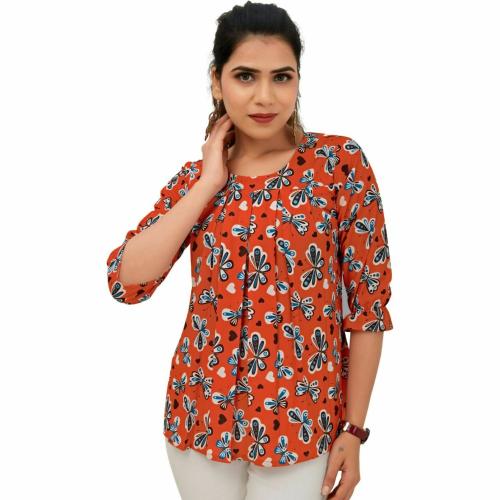 PRIMELADY Women Orange Printed Georgette Round Neck Regular Top (L)