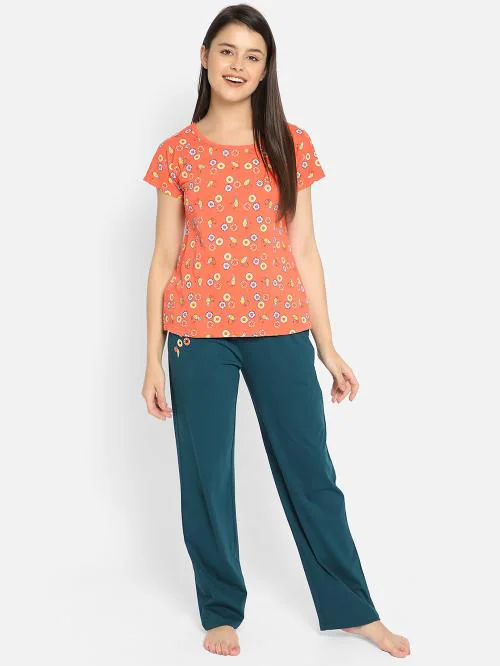 Clovia Women Orange Graphic Print Cotton Pack of 2 Top Pyjama Set