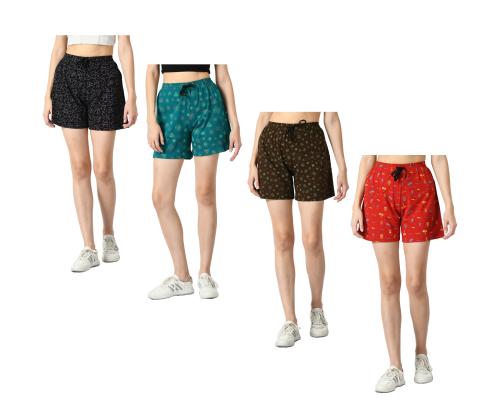 IndiWeaves Cotton Printed Regular Fit Shorts Hotpant for Women (Pack of 4)