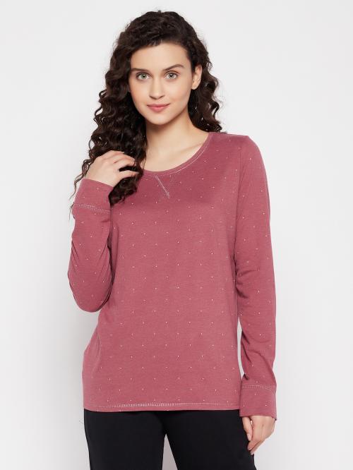 Clovia Women's Maroon Polka Dot Cotton Single T-Shirt