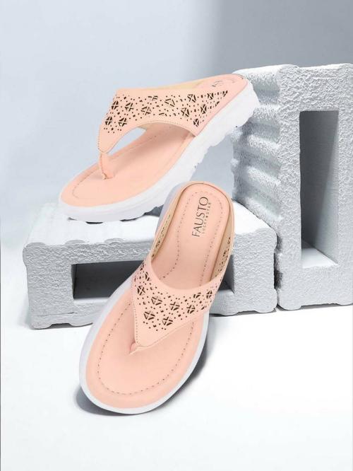 FAUSTO Women Pink Party Fashion Stylish Laser Cut Design Strap Thong Flats Wedges Slipper (3 UK)