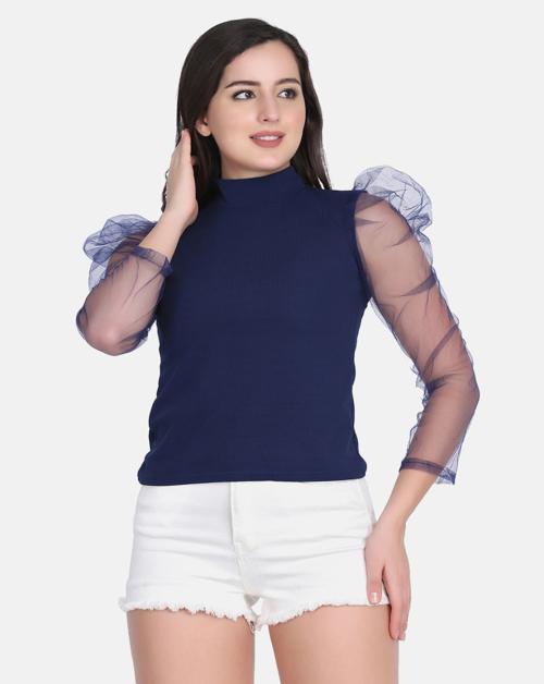 Buynewtrend Navy Carrera Solid Women Net Top