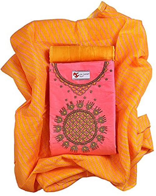 Sun Fashion and Lifestyle Women Pink Hand Work, Aari Work Cotton Silk Unstitched Salwar Suit Dress Material with Lining