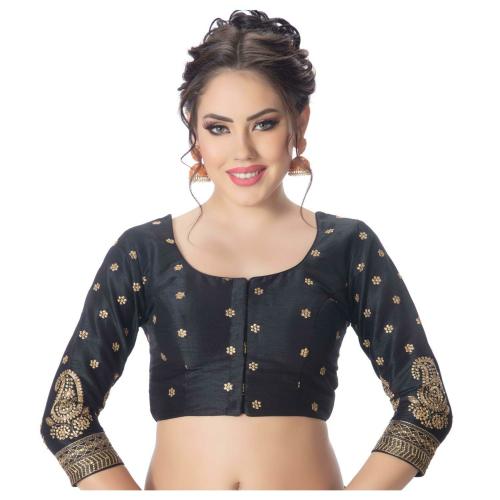 Rinkoo Dupion Silk Embroidered 3/4 Sleeves Princess Cut Padded Readymade Saree Blouse for Womens and Girls (R-329F-BLACK_42, Black, 42)
