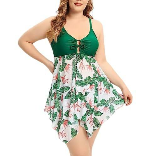 Plus Size Green Floral Printed Two Pieces Swimsuits - 7XL