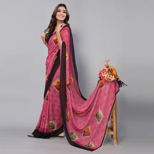 Yashika Damen Saree Georgette - Traditioneller Sari Mit Jacquard-Spitze Für Feste