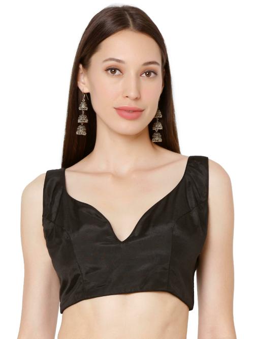 Salwar Studio Women's Black Silk Solid Readymade Saree Blouse