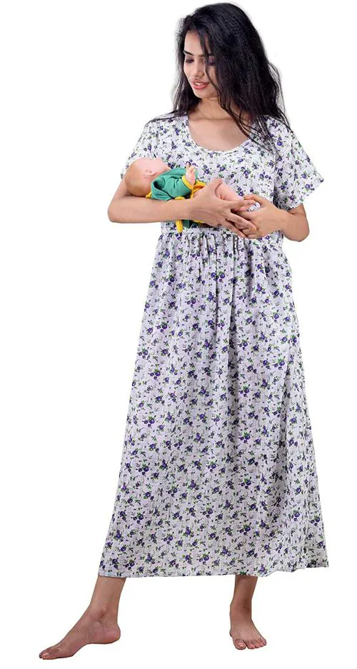 CLYMAA Women Multicolor Pure Cotton Maternity Gown Dress (3XL)