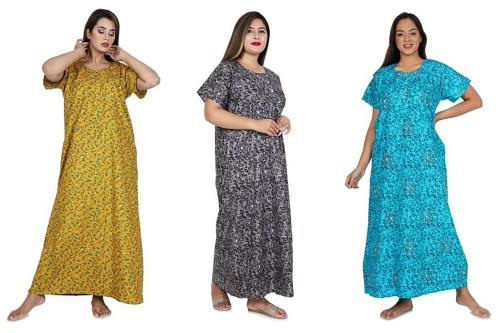 SHREE VITTHAL Women Grey, Golden, Sky Blue Printed 100% Pure Cotton Pack of 2 Nighty