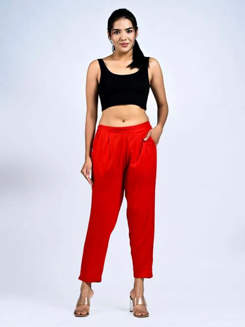 Mirayya Cotton Ankle Fit Trouser Pants for Women & Girls | Women Cotton Pant Trouser Regular Fit with Two Pocket for Office School Formal Casual Daily Use -Red
