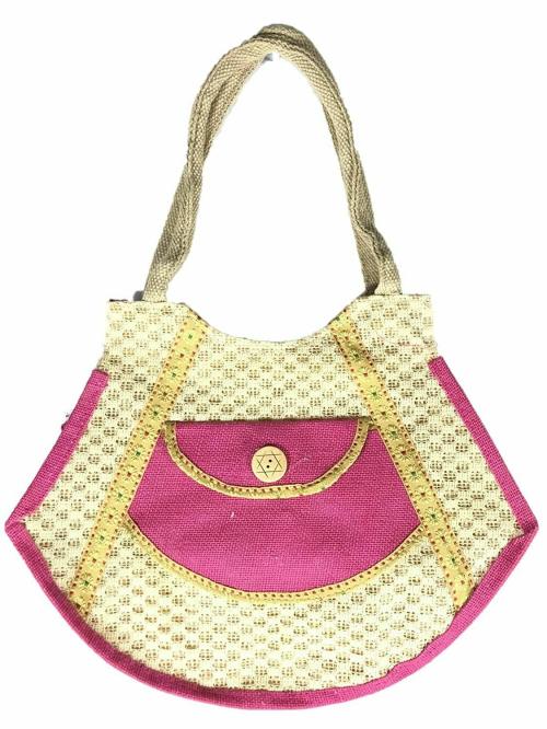 SriAog Handcrafts Embroidery Eco friendly Jute Women’s Handbag Tote Bag (Medium, Pink)