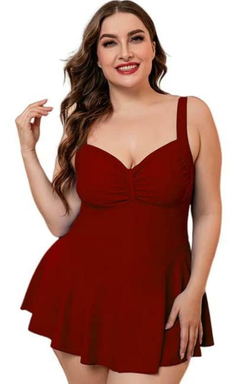 Plus Curvves Plus Size Maroon Gathered Detail Swim Dress - 4XL