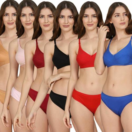 PrivateLifes Women Multicolor1 Solid Cotton Bra & Panty Set For Women Pack Of 6
