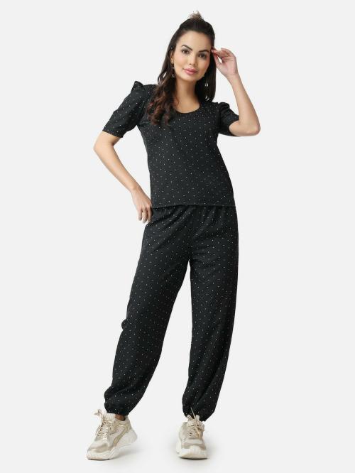 Popwings Casual Black Polka Dot Printed Loose Fit Women Top and Jogger Combo Set For Women | Top and Bottom Set For Women