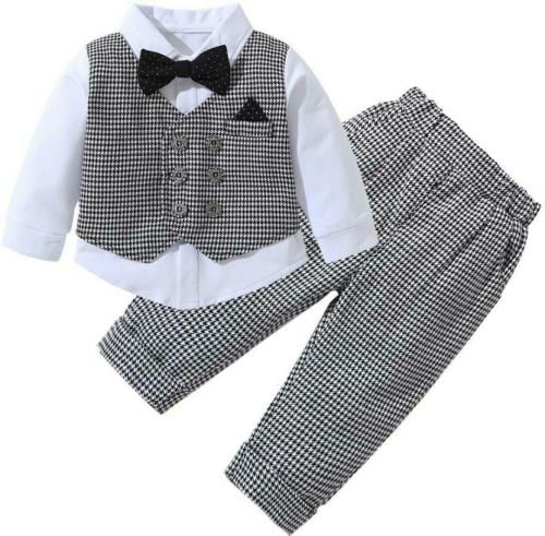 LA3MINE Baby Boys White Checkered Cotton Blend Party Waistcoat Shirt, Bow Tie, Pant (2-3 Y)