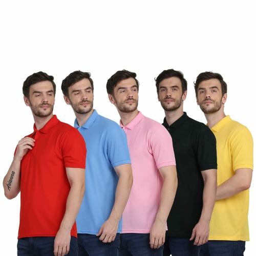 Red,Sky Blue,Baby Pink,Black,Yellow - 2XL Polo Pack Of 5 T Shirt For Men TeesTheDay