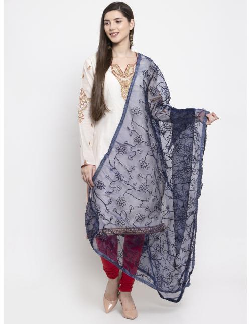 Navy Blue Organza Heavy Embroidered Dupatta