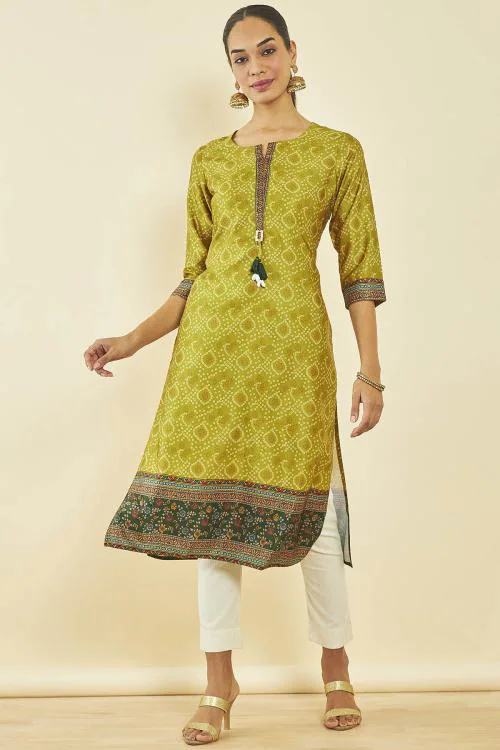 Buy Soch Olive Satin Bandhani Print Kurta With Tassels Online at Best
