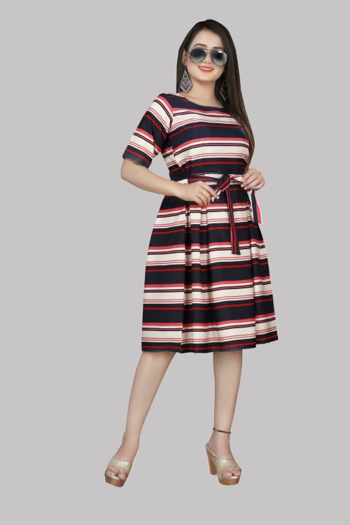 JIYAKURTI Women Beige Printed Crepe Fit And Flare Dress (L)