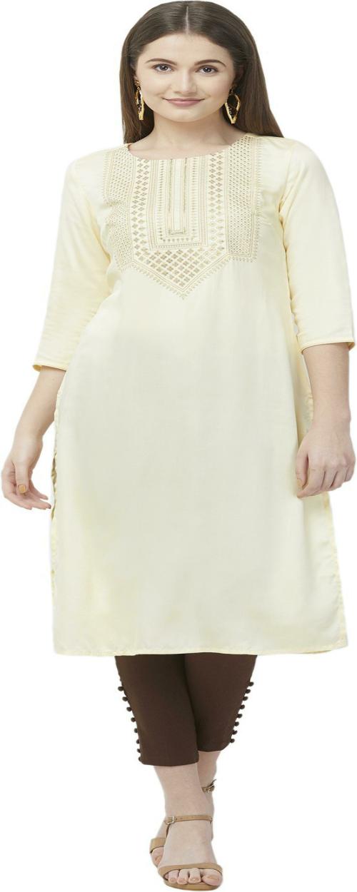 NAARI Women Beige Embroidered Satin Straight Kurta (M)