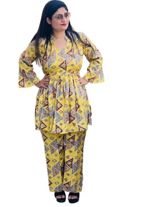 INSPIRIT Store Women Latest V Neck Floral Printed Co-ord Set Cotton Full Sleeves Stylish Fashionable Dress for Women & Girls Relaxed Fit (Yellow_XXXL)