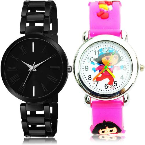 NEUTRON New Wrist Simple Chain And Dora The Explorer Kids Black And Pink Colour Analog Metal And Plastic Belt 2 Watch Combo For Women And Girls - G610-GC197