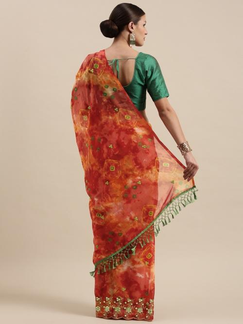 PANZORA Women Red and Gold Printed Georgette Bandhani Saree with Unstiched Blouse