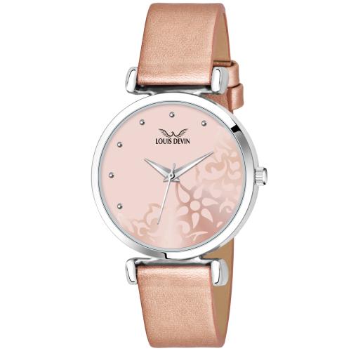 Louis Devin Pink Dial Pink Synthetic Leather Strap Analog Wrist Watch for Women | LD-L157-PNK