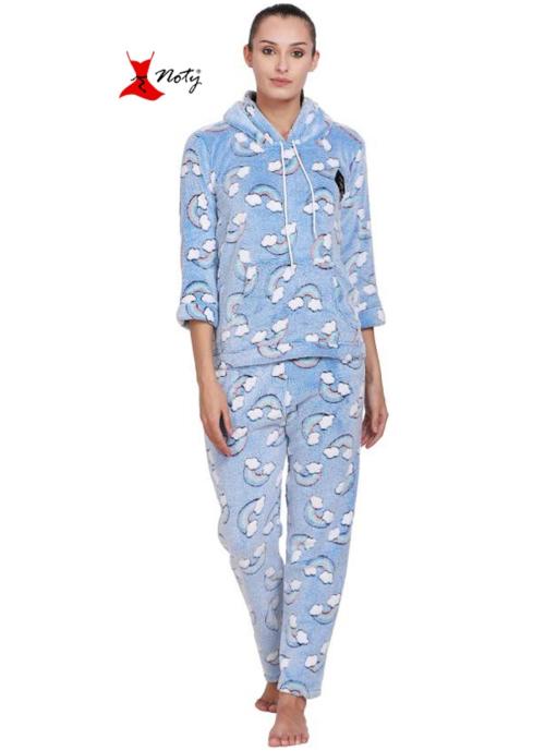 Noty- Women's- Night Suit- Fluffy Knit Rugs Fabric- Rainbow-Hoody with 2 side Pockets (Baby Blue, Large)