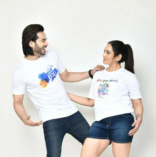 Roy's Casual Regular Fit Digital Printed Polyester Couple T-shirts Combo with Round Neck and Half Sleeve I Perfect for Holi parties - White, Size- XL