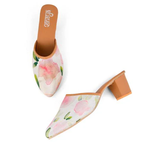 Shanaya Women's Footwear White Floral Printed Beautiful Design Heel Mules | Casual Open Toe Sandals For Women And Girls