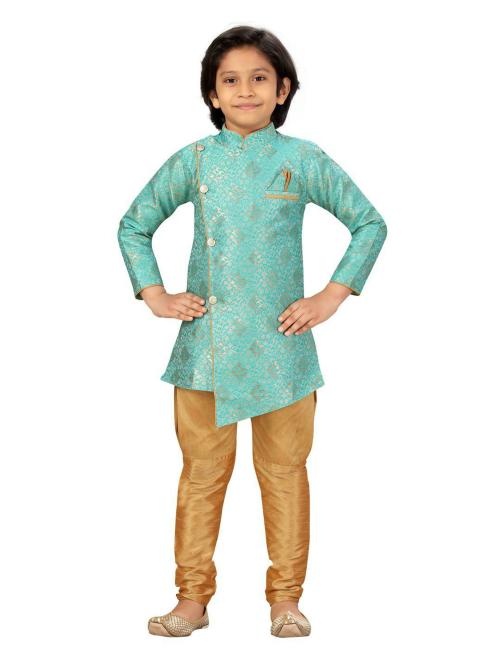 Little Mafia By Aarika Turquoise-Gold Color Sherwani Pyjama Set