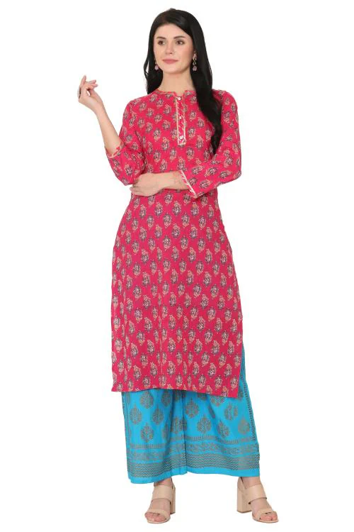 Jivitha Majenta Colour Flower print Long Kurta with Lace work in Neck and Sleeves