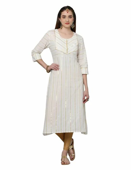 English Lady Women patch highlight with gota patti lace with front potli buttons Kurti | White Colour | S Size | Slim Fit Kurtas | Knee Length | A-Line Kurta | Cotton Fabric | Lace Kurtas