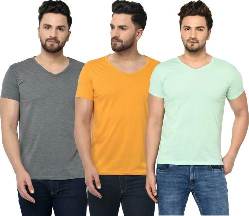 Bribzy Men Dark Grey, Mustard and Sea Green Solid Cotton Blend V Neck T-Shirts (XL) -Pack of 3