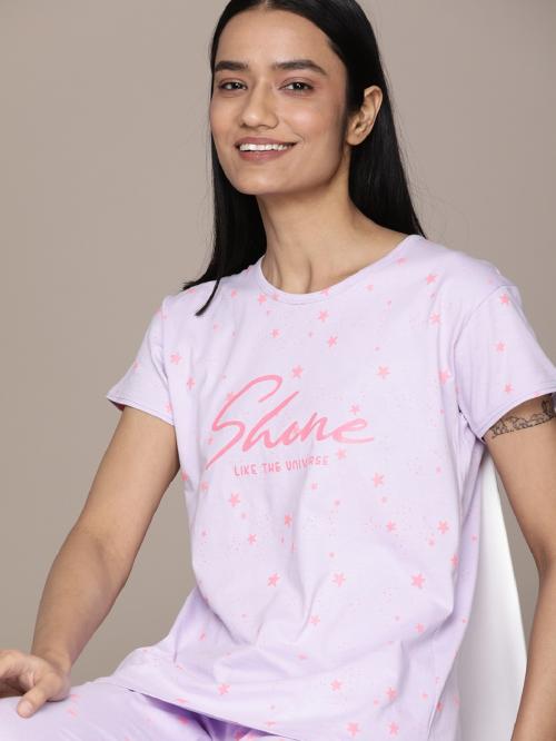 Beebelle women's Cotton Star Printed Lavender Night Suit Set of T-Shirt & Pajama 1021