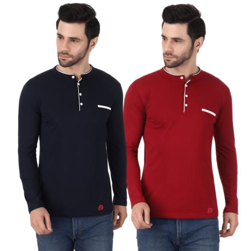 Pixie Fashion PolyCotton Mandarin Collar Full Sleeves Men's / Boys Tshirt (Pack of 2) Maroon and Navy Blue - Large