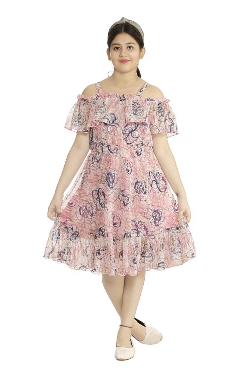 Peacewave Girls Pink Georgette All over print Single A-line Dress