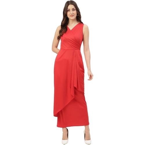 Trendy Divva Women Red Solid Polyester Sleeveless Wrap Maxi Dress - S