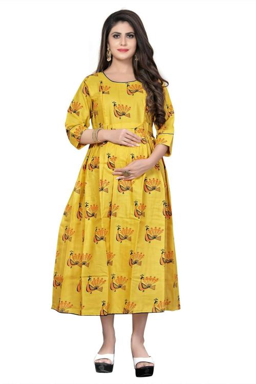 Sky Fab Women Maternity Dress Yellow Cotton Blend A Line Dress